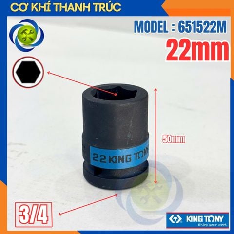 Tuýp 22mm Đầu Vuông 3/4 Kingtony 651522M Dài 50mm 6 cạnh thép CR-MO