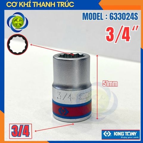 Tuýp 3/4 Hệ inch Đầu Vuông 3/4 Kingtony 633024S Dài 51mm 12 cạnh thép CR-V