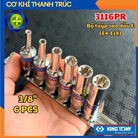 Bộ tuýp sao đầu E (E4-E14) Kingtony 3116PR chân cắm 3/8 có 6 chi tiết
