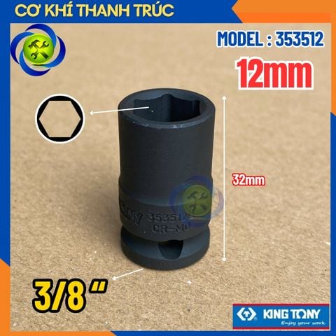 Tuýp 12mm Đầu Vuông 3/8 Kingtony 353512M Dài 32mm 6 Cạnh Thép CR-MO