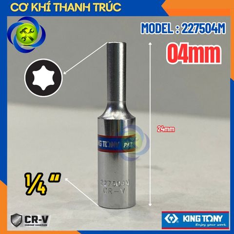 Tuýp Sao E4 Đầu Vuông 1/4 Kingtony 227504M Dài 50mm 6 Cạnh Thép Cr-V