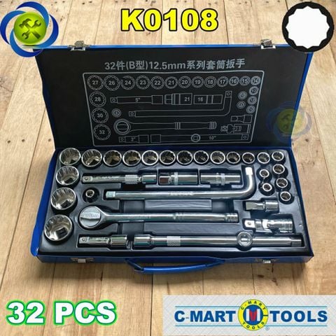 Bộ tuýp 32 chi tiết (8 - 32mm) C-MART K0108 loại 1/2 tuýp bông 12 cạnh