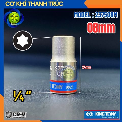 Tuýp Sao E8 Đầu Vuông 1/4 Kingtony 237508M Dài 24mm 6 Cạnh Thép CR-V