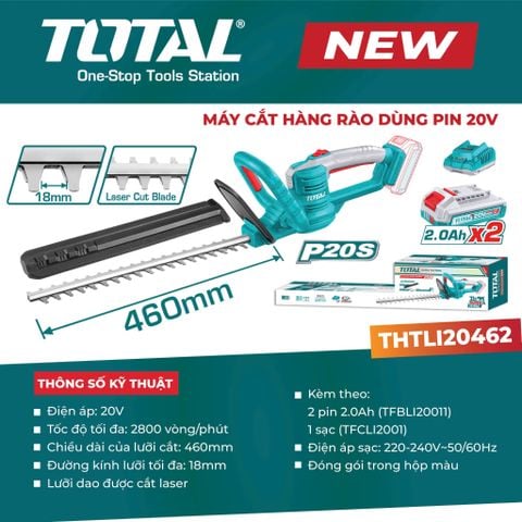 Máy Cắt Tỉa Hàng Rào TOTAL THTLI20462 Dùng Pin 20V Bao Gồm Pin Sạc
