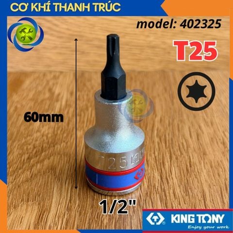 Tuýp Sao T25 Đầu Vuông 1/2 Kingtony 402325 dài 60mm 6 Cạnh Thép CR-V