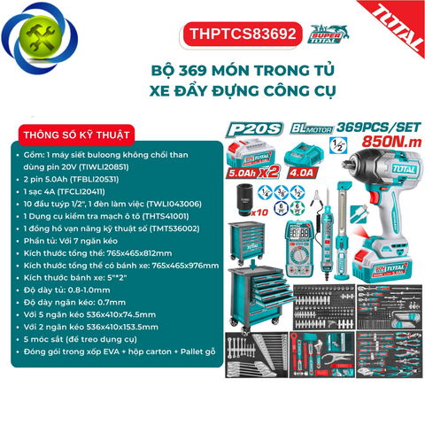 Bộ 369 Món Trong Tủ Xe Đẩy Đựng Công Cụ TOTAL THPTCS83692