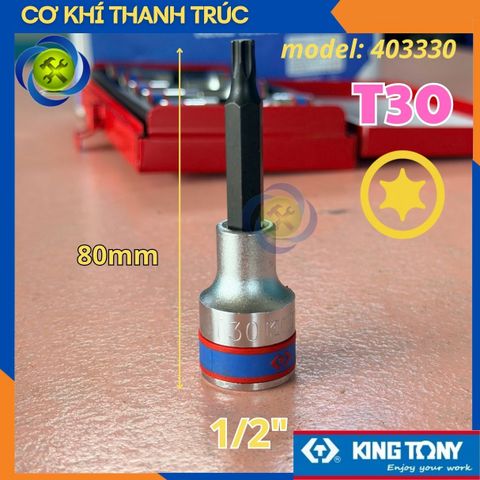 Tuýp Sao T30 Đầu Vuông 1/2 Kingtony 403330 dài 80mm 6 Cạnh Thép CR-V