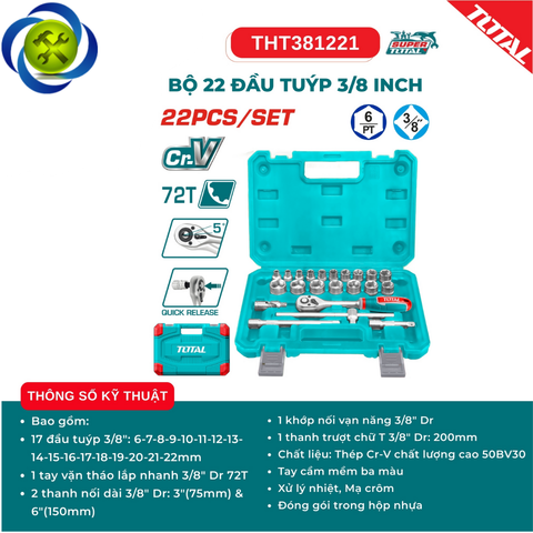 Bộ Tuýp 3/8 có 22 chi tiết TOTAL THT381221