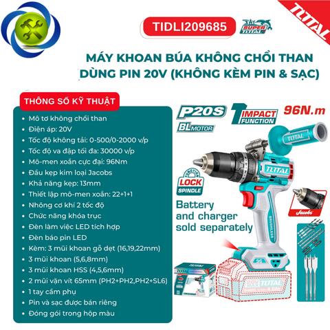 Máy Khoan Búa Không Chổi Than Dùng Pin 20V (không  kèm pin & sạc) TOTAL TIDLI209685