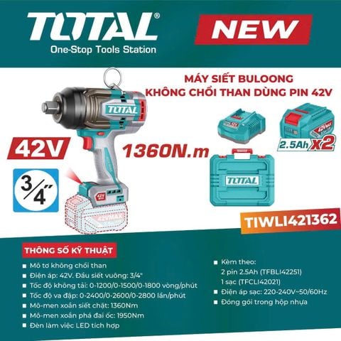 Máy Siết Bulong 1360Nm 3/4 TOTAL TIWLI421362 Sử Dụng Pin 42V Bao Gồm Pin Sạc