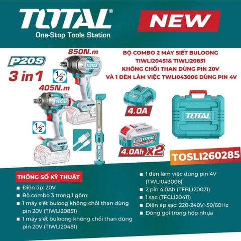 Bộ Combo 2 Máy Bulong TOTAL 405Nm và 850Nm Kèm Đèn Làm Việc TOTAL TOSLI260285
