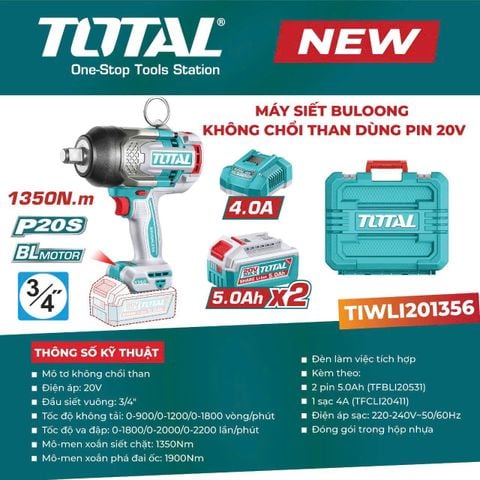 Máy Siết Bulong 1350Nm 3/4 TOTAL TIWLI201 Sử Dụng Pin 20V Bao Gồm Pin Sạc