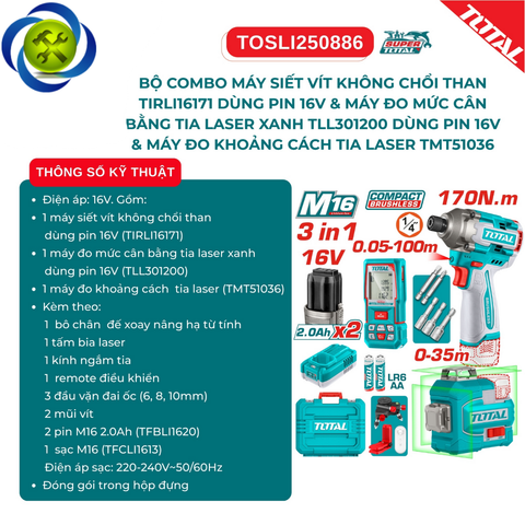 Bộ combo 3 máy TOTAL TOSLI250886 ( máy siết vít , máy đo mực , máy đo khoảng cách )