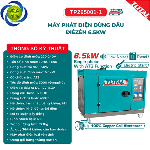 Tổ Máy Phát Điện Dùng Dầu Điêzên 6.5kW TOTAL TP265001-1