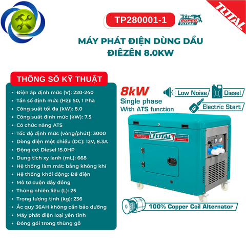 Tổ Máy Phát Điện Dùng Dầu Diesel 8.0kW TOTAL TP280001-1