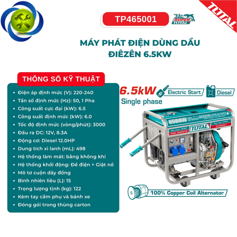 Tổ Máy Phát Điện Dùng Dầu Điêzên 6.5kW TOTAL TP465001