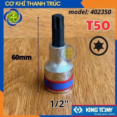 Tuýp Sao T50 Đầu Vuông 1/2 Kingtony 402350 dài 60mm 6 Cạnh Thép CR-V