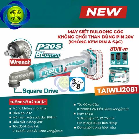 Máy Siết BuLoong Góc Không Chổi Than Dùng Pin 20v ToTal TAIWLI2081 (Không Kèm Pin & Sạc)