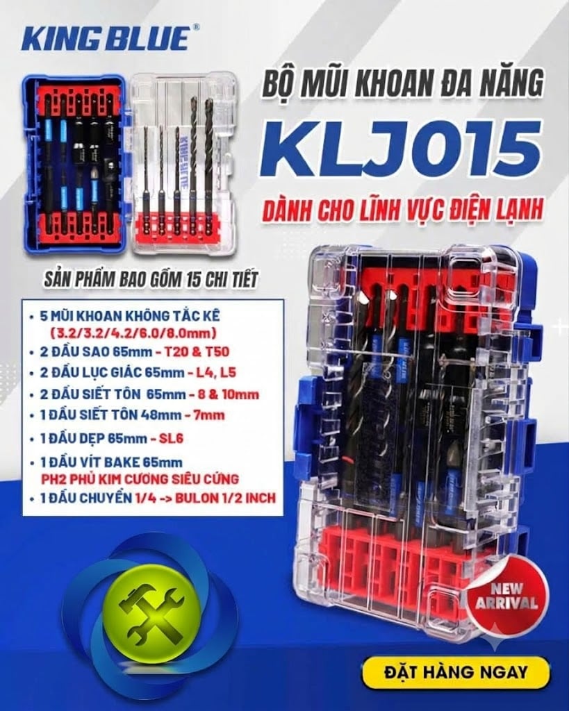 Bộ mũi khoan đa năng King Blue KLJ015 có 15 chi tiết chuôi lục giác 6.35mm