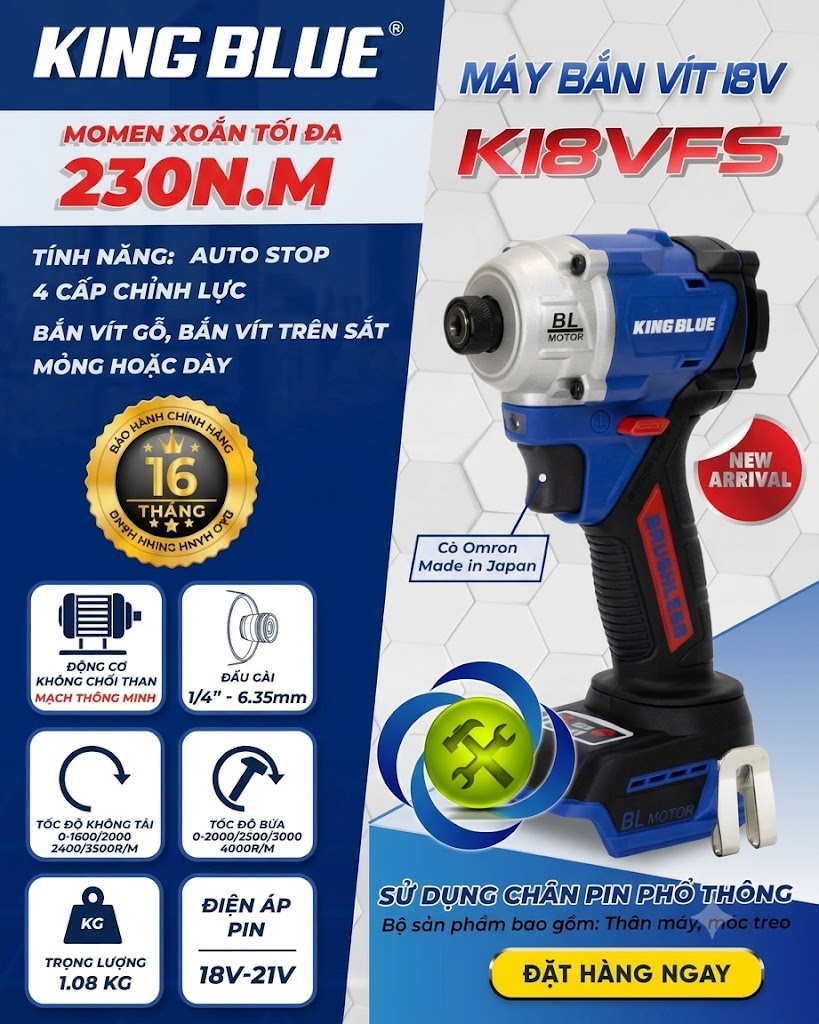 Thân máy bắn vít dùng pin 18V KingBlue K18VFS động cơ không chổi than lực siết 230Nm