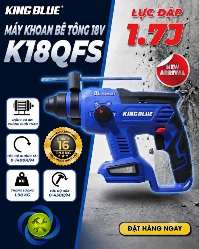 Thân máy khoan bê tông dùng pin 18V KingBlue K18QFS động cơ không chổi than lực đập 1.7J