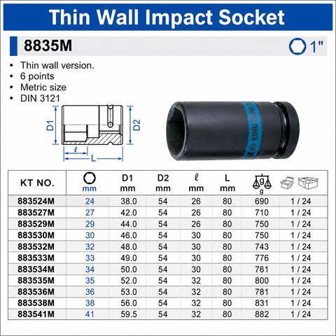 Tuýp 30mm Đầu Vuông 1 Inch Kingtony 883530M Dài 80mm 6 Cạnh Thép CR-MO