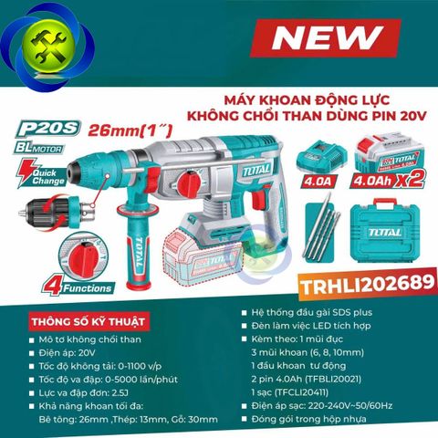 Máy Khoan Động Lực Không Chổi Than Dùng Pin 20v ToTal TRHLI202689