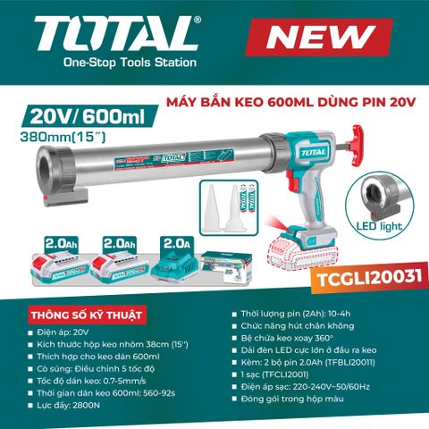 Máy bắn keo 600ml dùng pin 20V TOTAL TCGLI20031