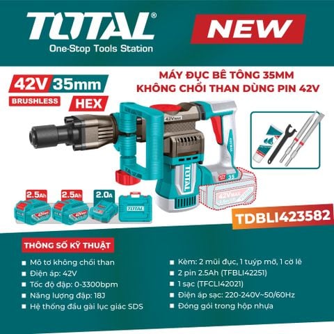 Máy đục bê tông 35mm không chổi than dùng pin 42V TOTAL TDBLI423582