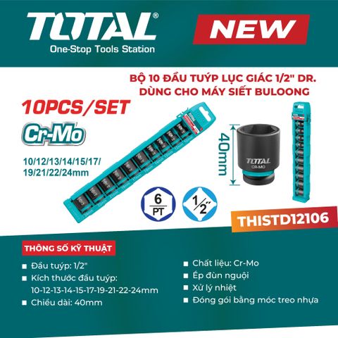 Bộ 10 đầu tuýp lục giác 1/2 dùng cho máy siết bu loong TOTAL THISTD12106