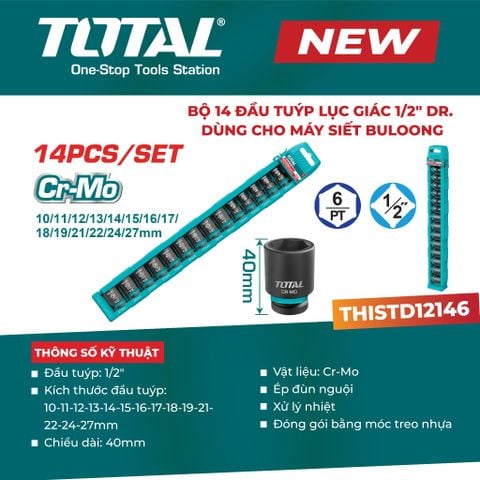 Bộ 14 đầu tuýp lục giác 1/2  dùng cho máy siết bu loong TOTAL THISTD12146