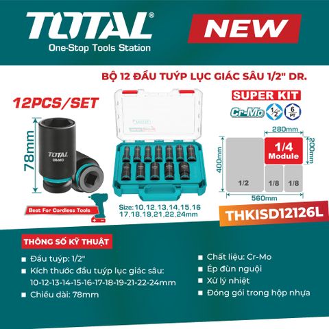Bộ 12 đầu tuýp lục giác sâu 1/2 TOTAL THKISD12126L (10-24mm)
