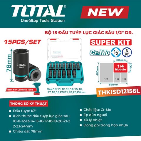 Bộ 15 đầu tuýp lục giác sâu 1/2 TOTAL THKISD12156L (10-24mm)