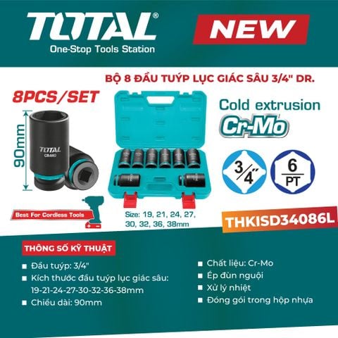 Bộ 8 đầu tuýp lục giác sâu 3/4 TOTAL THKISD34086L (19-38mm)