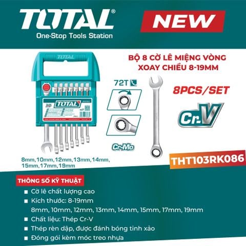 Bộ 8 cờ lê vòng miệng tự động TOTAL THT103RK086 (8-19mm)