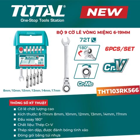 Bộ 6 cờ lê vòng miệng lắc léo TOTAL THT103RK566 (8-17mm)