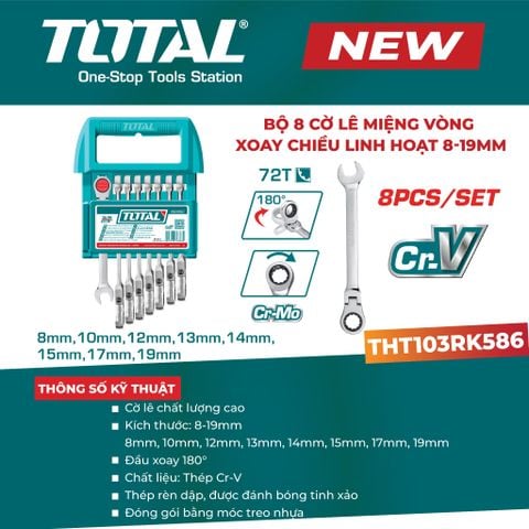 Bộ 8 cờ lê vòng miệng lắc léo TOTAL THT103RK586 (8-19mm)