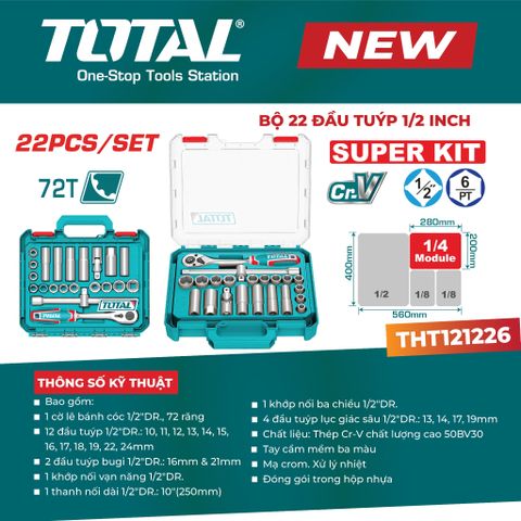 Bộ Tuýp 22 Chi Tiết TOTAL THT121226 (10-24mm) loại Tuýp 1/2 Có 6 cạnh