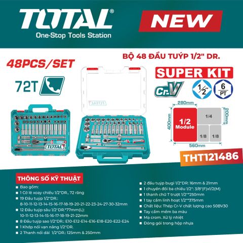 Bộ Tuýp 48 Chi Tiết TOTAL THT121486 loại Tuýp 1/2 Có 6 cạnh