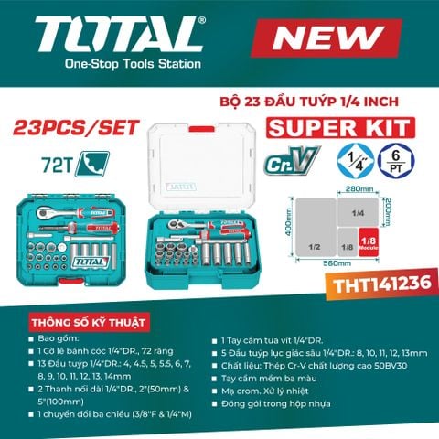 Bộ Tuýp 23 Chi Tiết TOTAL THT141236 loại Tuýp 1/4 Có 6 cạnh