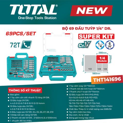 Bộ Tuýp 69 Chi Tiết TOTAL THT141696 loại Tuýp 1/4 Có 6 cạnh