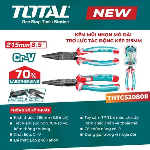 Kềm mũi nhọn mỏ dài trợ lực tác động kép 215mm TOTAL THTC520808 8.5INCH