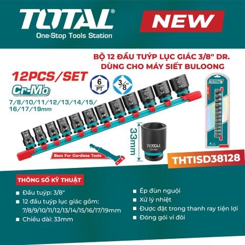 Bộ 12 đầu tuýp lục giác 3/8  dùng cho máy siết bu long TOTAL THTISD38128