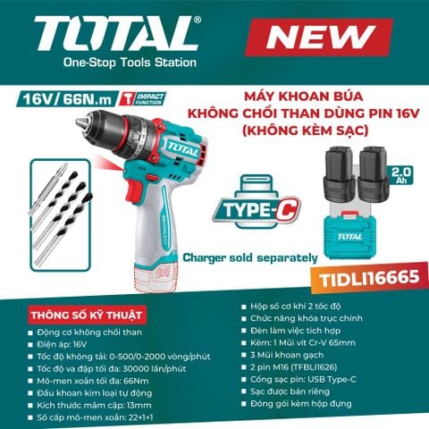 Máy khoan búa không chổi than dùng pin 16V (không kèm sạc) TOTAL TIDLI16665