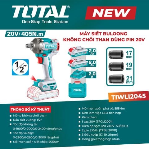 Máy siết bulong không chổi than dùng pin 20V TOTAL TIWLI2045