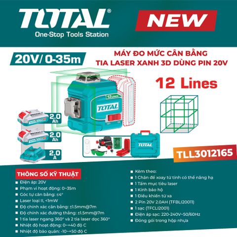 Máy đo mức cân bằng tia laser xanh 3D dùng pin 20V TOTAL TLL3012165