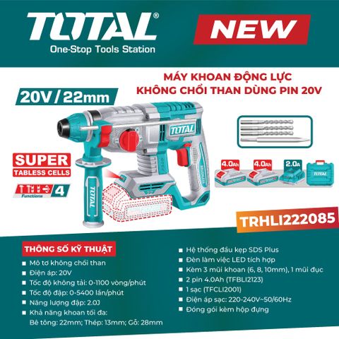 Máy khoan động lực không chổi than dùng pin 20V TOTAL TRHLI222085