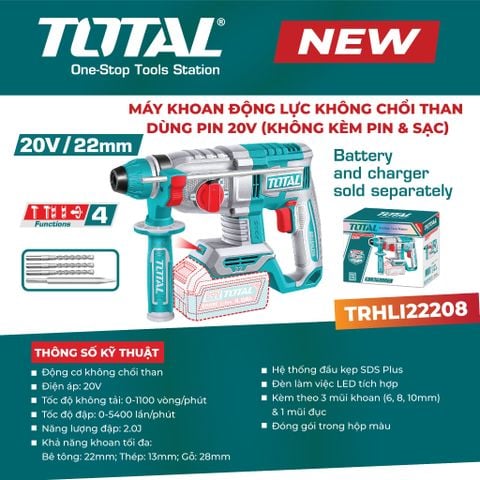 Máy khoan động lực không chổi than dùng pin 20V (không kèm pin & sạc) TOTAL TRHLI22208