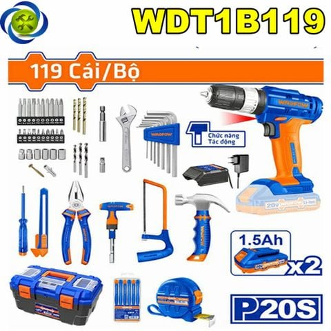 Bộ Đồ Nghề Có Máy Khoan Búa Pin 20V 119 Chi Tiết Wadfow WDT1B119