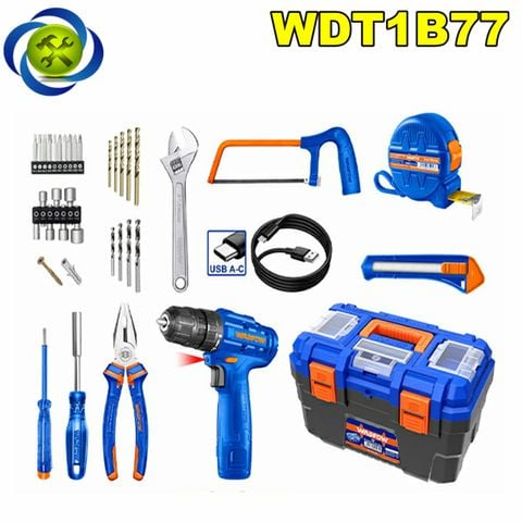 Bộ Đồ Nghề Có Máy Khoan Pin 12V 77 Chi Tiết Wadfow WDT1B77